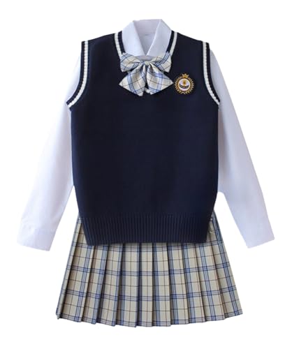 TEDPRBGE Britischer Stil Schulkostüm JK Uniform Kostüm Tiefblau Strickweste Hemd Plaid Rock Japanisches Anime Outfit (Milchweiß, L) von TEDPRBGE