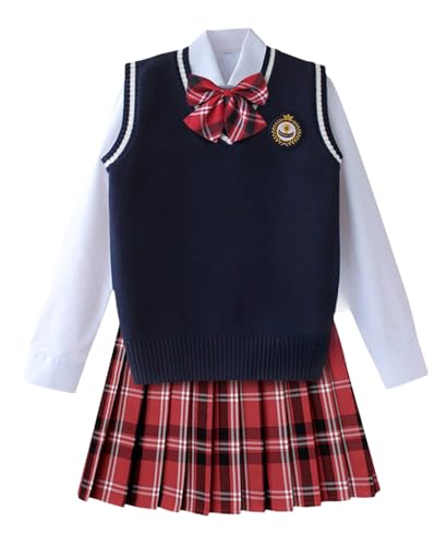 TEDPRBGE Britischer Stil Schulkostüm JK Uniform Kostüm Tiefblau Strickweste Hemd Plaid Rock Japanisches Anime Outfit (Rot, L) von TEDPRBGE