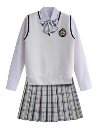 TEDPRBGE Britischer Stil Schulkostüm JK Uniform Kostüm Weiß Strickweste Hemd Plaid Rock Japanisches Anime Outfit (Milchweiß, M) von TEDPRBGE