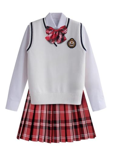 TEDPRBGE Britischer Stil Schulkostüm JK Uniform Kostüm Weiß Strickweste Hemd Plaid Rock Japanisches Anime Outfit (Rot, 2XL) von TEDPRBGE