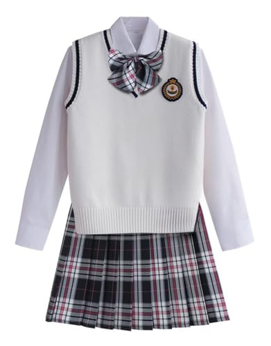 TEDPRBGE Britischer Stil Schulkostüm JK Uniform Kostüm Weiß Strickweste Hemd Plaid Rock Japanisches Anime Outfit (Schwarzgrau, L) von TEDPRBGE