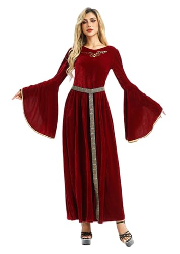 TEDPRBGE Damen Renaissance Kleid Mittelalter Kostüm Mittelalter Bauernkleid Vintage Langes Seelve Kleid Halloween Kostüm (Rot, L) von TEDPRBGE