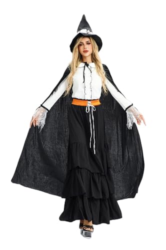 TEDPRBGE Gothic-Hexenkleid-Set für Damen, langärmelig, Oberteil, langer Rock, Hexe, spitzer Umhang, Kleid, Halloween, Cosplay, Kostüme, Größe M von TEDPRBGE