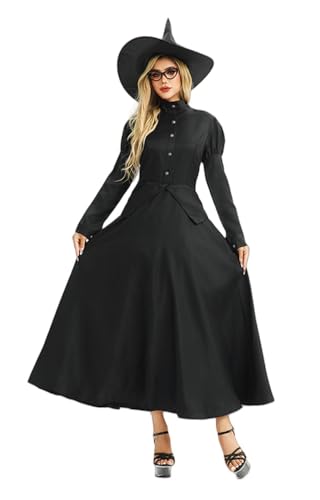 TEDPRBGE Gothic-Hexenkleid für Damen, langärmelig, Spitzkappe, schwarzes Kleid, Halloween, Cosplay, Kostüme, Größe L von TEDPRBGE