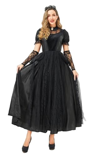 TEDPRBGE Gothic Spitzenkleid Frauen Schwarz Hexenkleid Cosplay Vampir Kleid Set Halloween Kleid Cosplay Kostüm (L) von TEDPRBGE