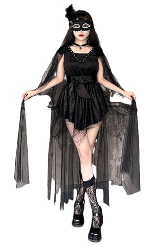 TEDPRBGE Halloween Elfen Cosplay Kleid Set Schwarze Spitze Elfen Kostüm für Frauen Halloween Party Kleid Outfit (L) von TEDPRBGE