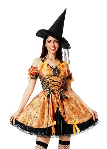 TEDPRBGE Hexenkostüm für Damen, Cosplay, Hexenkleid, Orange, Spaghettiträger, Kleid mit Hut, Halloween-Party, Kürbis-Kostüm, Größe L von TEDPRBGE