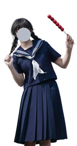 TEDPRBGE Japanische Schuluniform-Kostüm, Matrosenuniform, JK, Hemden, Uniform, Anime, Cosplay, Kostüme für Damen (Blau, kurze Ärmel + Rock, 43 cm, M) von TEDPRBGE