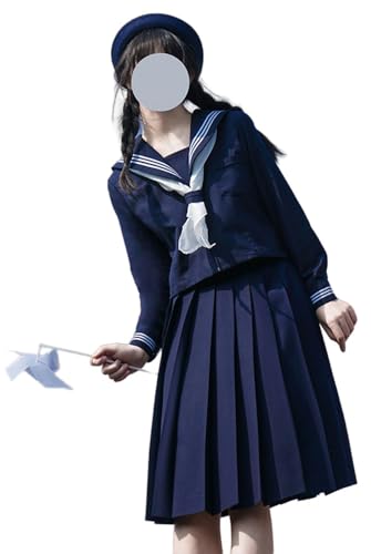 TEDPRBGE Japanische Schuluniform-Kostüm, Matrosenuniform, JK, Hemden, Uniform, Anime, Cosplay, Kostüme für Damen (Blau, lange Ärmel + Rock, 60 cm, M) von TEDPRBGE