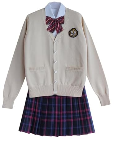 TEDPRBGE Japanisches Schulkostüm, JK, Uniform-Kostüm, Aprikosenfarbe, Strickjacke, Pullover, karierter Rock, Anime-Outfit (Blau-Lila, XL) von TEDPRBGE