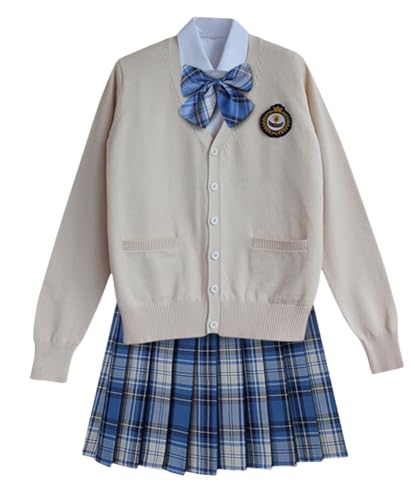 TEDPRBGE Japanisches Schulkostüm, JK, Uniform-Kostüm, Aprikosenfarbe, Strickjacke, Pullover, karierter Rock, Anime-Outfit (Blau-Weiß, Größe 2XL) von TEDPRBGE