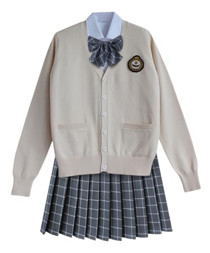 TEDPRBGE Japanisches Schulkostüm, JK, Uniform-Kostüm, Aprikosenfarbe, Strickjacke, Pullover, karierter Rock, Anime-Outfit (Grau, L) von TEDPRBGE