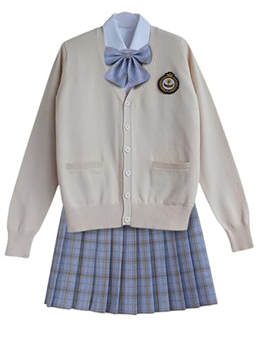 TEDPRBGE Japanisches Schulkostüm, JK, Uniform-Kostüm, Aprikosenfarbe, Strickjacke, Pullover, karierter Rock, Anime-Outfit (Ombré-Blau, Größe 2XL) von TEDPRBGE