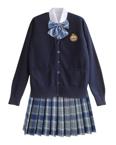 TEDPRBGE Japanisches Schulkostüm, JK, Uniform-Kostüm, Strickjacke, Pullover, karierter Rock, Fliege, Anime-Kostüm (Blaugrün, Größe 2XL) von TEDPRBGE