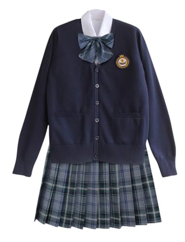 TEDPRBGE Japanisches Schulkostüm, JK, Uniform-Kostüm, dunkelblau, Strickjacke, Pullover, karierter Rock, Set, Anime-Cosplay-Outfit (Ombré-Graugrün, S) von TEDPRBGE