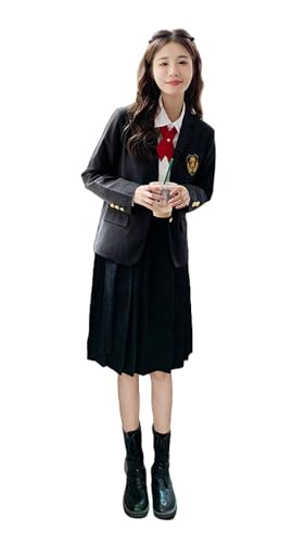 TEDPRBGE Japanisches Schulkostüm, JK Blazer-Kostüm, schwarze Anzugjacke, Faltenrock, Hemden, Set, Anime-Kostüm für Damen, Größe M von TEDPRBGE