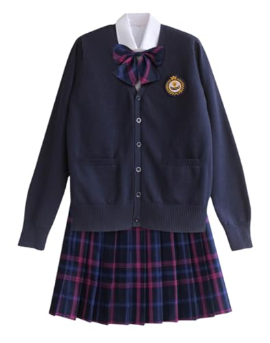 TEDPRBGE Japanisches Schulkostüm, JK-Uniform-Kostüm, dunkelblau, Strickjacke, Pullover, karierter Rock, Fliege, Anime-Kostüm (Blau-Lila, L) von TEDPRBGE