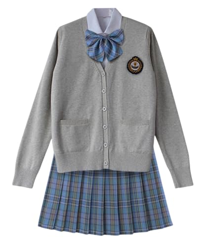 TEDPRBGE Japanisches Schulkostüm, JK-Uniform-Kostüm, grau, Strickjacke, Pullover, karierter Rock, Fliege, Anime-Kostüm (Ombré-Blau, XL) von TEDPRBGE