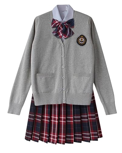 TEDPRBGE Japanisches Schulkostüm, JK-Uniform-Kostüm, grau, Strickjacke, Pullover, karierter Rock, Fliege, Anime-Kostüm (Ombré-Rot, M) von TEDPRBGE