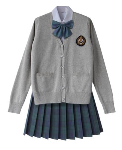 TEDPRBGE Japanisches Schulkostüm, JK-Uniform-Kostüm, grau, Strickjacke, Pullover, karierter Rock, Fliege, Set, Anime-Kostüm (Grün, M) von TEDPRBGE