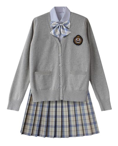 TEDPRBGE Japanisches Schulkostüm, JK-Uniform-Kostüm, grau, Strickjacke, Pullover, karierter Rock, Fliege, Set, Anime-Kostüm (Milchweiß, L) von TEDPRBGE