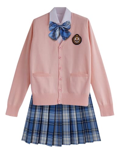 TEDPRBGE Japanisches Schulkostüm, JK-Uniform-Kostüm, rosa, Strickjacke, Pullover, karierter Rock, Fliege, Anime-Kostüm (Blau-Weiß, Größe 2XL) von TEDPRBGE