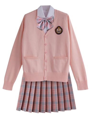 TEDPRBGE Japanisches Schulkostüm, JK-Uniform-Kostüm, rosa, Strickjacke, Pullover, karierter Rock, Set, Anime-Cosplay-Outfit (Rosa, XL) von TEDPRBGE