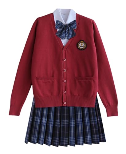 TEDPRBGE Japanisches Schulkostüm, JK-Uniform-Kostüm, roter Strickjacke, Pullover, karierter Rock, Fliege, Anime-Kostüm (Blau / Schwarz, L) von TEDPRBGE