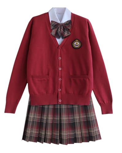 TEDPRBGE Japanisches Schulkostüm, JK-Uniform-Kostüm, roter Strickjacke, Pullover, karierter Rock, Fliege, Anime-Kostüm (Dunkelrot, L) von TEDPRBGE