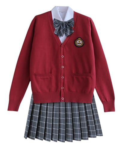 TEDPRBGE Japanisches Schulkostüm, JK-Uniform-Kostüm, roter Strickjacke, Pullover, karierter Rock, Fliege, Anime-Kostüm (Grau, Größe 2XL) von TEDPRBGE