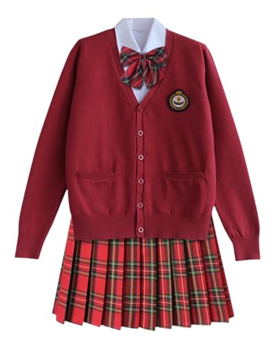 TEDPRBGE Japanisches Schulkostüm, JK-Uniform-Kostüm, roter Strickjacke, Pullover, karierter Rock, Fliege, Anime-Kostüm (Rot, Größe 2XL) von TEDPRBGE