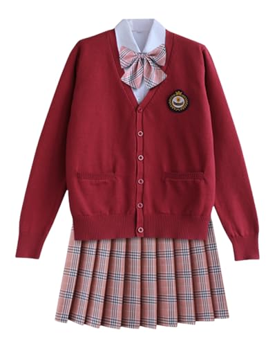 TEDPRBGE Japanisches Schulkostüm, JK-Uniform-Kostüm, roter Strickjacke, Pullover, karierter Rock, Set, Anime-Cosplay-Outfit (Rosa, XL) von TEDPRBGE