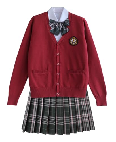 TEDPRBGE Japanisches Schulkostüm, JK-Uniform-Kostüm, roter Strickjacke, Pullover, karierter Rock, Set, Anime-Cosplay-Outfit (Schwarz/Rosa, M) von TEDPRBGE