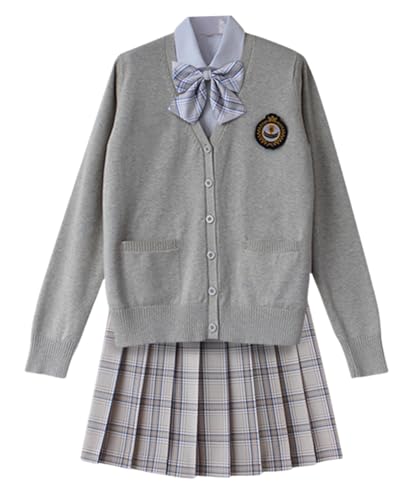 TEDPRBGE Japanisches Schulkostüm JK Uniform Kostüm Grau Strickcardigan Pullover Plaid Rock Set Anime Cosplay Outfit (Beige Braun, L) von TEDPRBGE