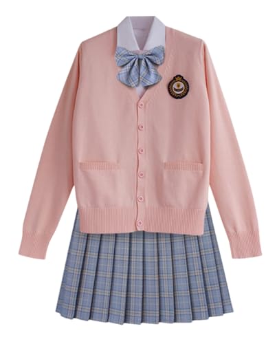 TEDPRBGE Japanisches Schulkostüm JK Uniform Kostüm Rosa Strickcardigan Pullover Plaid Rock Set Anime Cosplay Outfit (Ombré-Blau, S) von TEDPRBGE