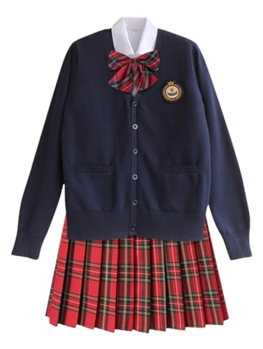 TEDPRBGE Japanisches Schulkostüm JK Uniform Kostüm Tiefblau Strickcardigan Pullover Plaid Rock Set Anime Cosplay Outfit (Rot, S) von TEDPRBGE