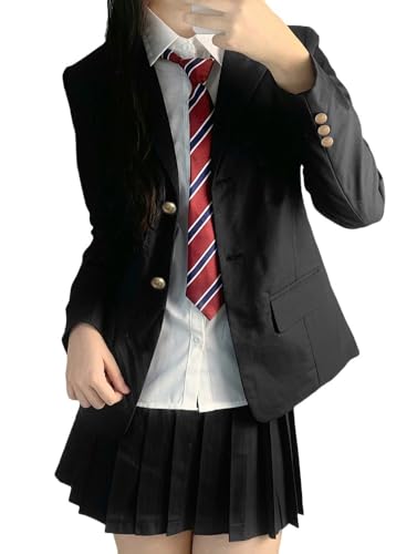 TEDPRBGE Japanisches Schulkostüm für Damen, JK Blazer-Kostüm, Schwarz, Anzugjacke, Faltenrock, Hemden, Set, Anime-Kostüm (2XL) von TEDPRBGE