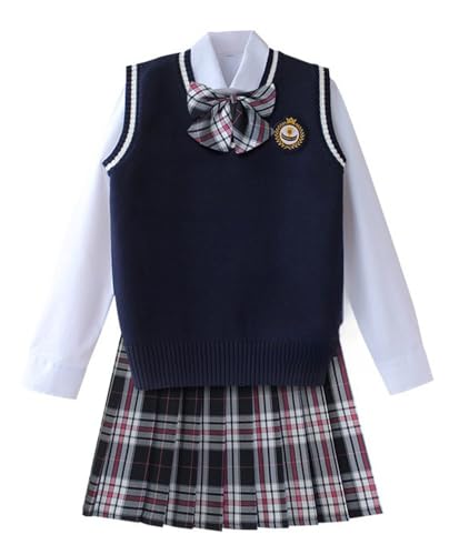 TEDPRBGE Schulkostüm im britischen Stil, JK, Uniform-Kostüm, dunkelblau, Strickweste, Hemd, karierter Rock, japanisches Anime-Outfit (Schwarzgrau, Größe 2XL) von TEDPRBGE