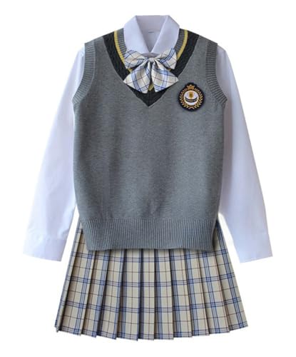 TEDPRBGE Schulkostüm im britischen Stil, JK, Uniform-Kostüm, grau, Strickweste, Hemd, karierter Rock, japanisches Anime-Outfit (Milchweiß, L) von TEDPRBGE