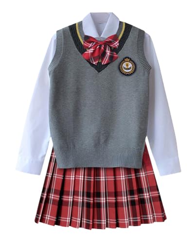 TEDPRBGE Schulkostüm im britischen Stil, JK, Uniform-Kostüm, grau, Strickweste, Hemd, karierter Rock, japanisches Anime-Outfit (Rot, Größe 2XL) von TEDPRBGE