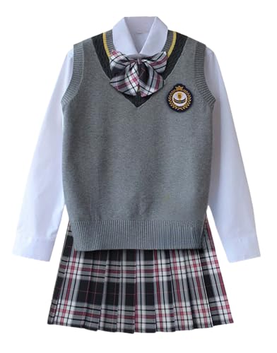 TEDPRBGE Schulkostüm im britischen Stil, JK, Uniform-Kostüm, grau, Strickweste, Hemd, karierter Rock, japanisches Anime-Outfit (Schwarzgrau, Größe 3XL) von TEDPRBGE