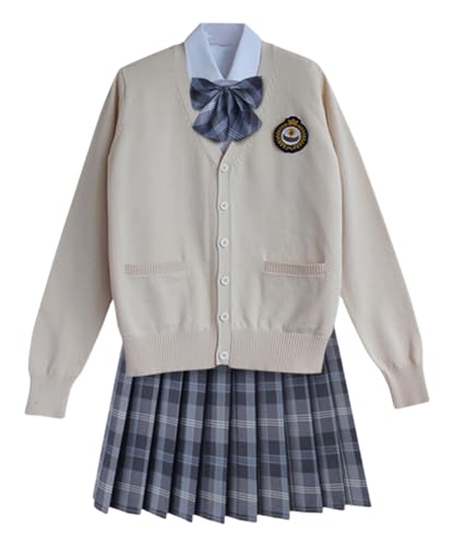 TEDPRBGE Schulkostüm im japanischen Stil, JK, Uniform, Aprikosenfarbe, Strickjacke, Pullover, karierter Rock, Anime-Outfit (Ombré-Grau, L) von TEDPRBGE