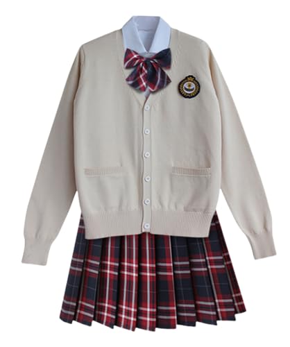 TEDPRBGE Schulkostüm im japanischen Stil, JK, Uniform, Aprikosenfarbe, Strickjacke, Pullover, karierter Rock, Anime-Outfit (Ombré-Rot, L) von TEDPRBGE