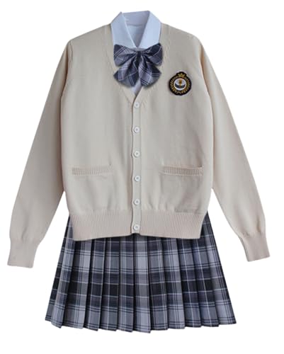 TEDPRBGE Schulkostüm im japanischen Stil, JK, Uniform, Aprikosenfarbe, Strickjacke, Pullover, karierter Rock, Anime-Outfit (Schwarzgrau, S) von TEDPRBGE