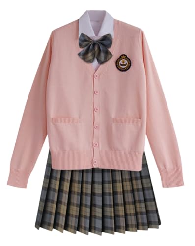 TEDPRBGE Schulkostüm im japanischen Stil, JK, Uniform, Kostüm, Rosa, Strickjacke, Pullover, karierter Rock, Set Anime-Outfit (Olivbraun, S) von TEDPRBGE