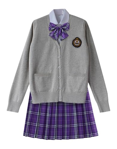 TEDPRBGE Schulkostüm im japanischen Stil, JK, Uniform, Kostüm, grau, Strickjacke, Pullover, karierter Rock, Set Anime-Outfit (Lila, M) von TEDPRBGE