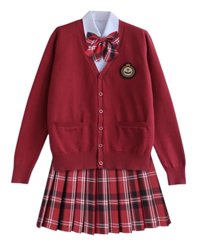 TEDPRBGE Schulkostüm im japanischen Stil, JK, Uniform, Kostüm, rot, Strickjacke, Pullover, karierter Rock, Set, Anime-Outfit (Rot, XL) von TEDPRBGE