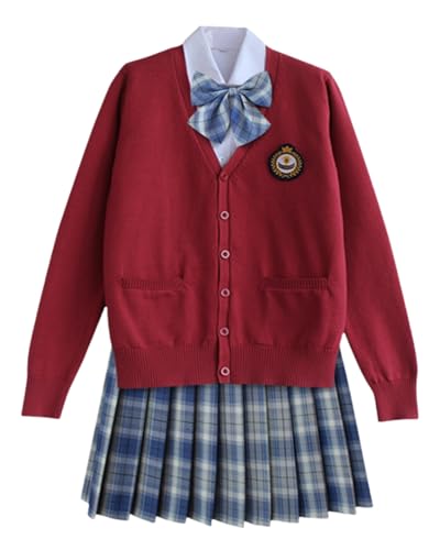 TEDPRBGE Schulkostüm im japanischen Stil, JK, Uniform, Kostüm, rote Strickjacke, Pullover, karierter Rock, Set Anime-Outfit (Blaugrün, Größe 2XL) von TEDPRBGE