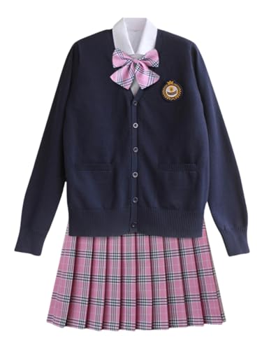 TEDPRBGE Schulkostüm im japanischen Stil, JK, Uniform-Kostüm, dunkelblau, Strickjacke, Pullover, karierter Rock, Set, Anime-Outfit (Rosa, Größe 2XL) von TEDPRBGE