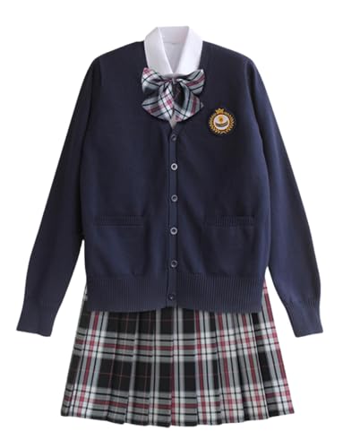 TEDPRBGE Schulkostüm im japanischen Stil, JK, Uniform-Kostüm, dunkelblau, Strickjacke, Pullover, karierter Rock, Set, Anime-Outfit (Schwarzgrau, L) von TEDPRBGE